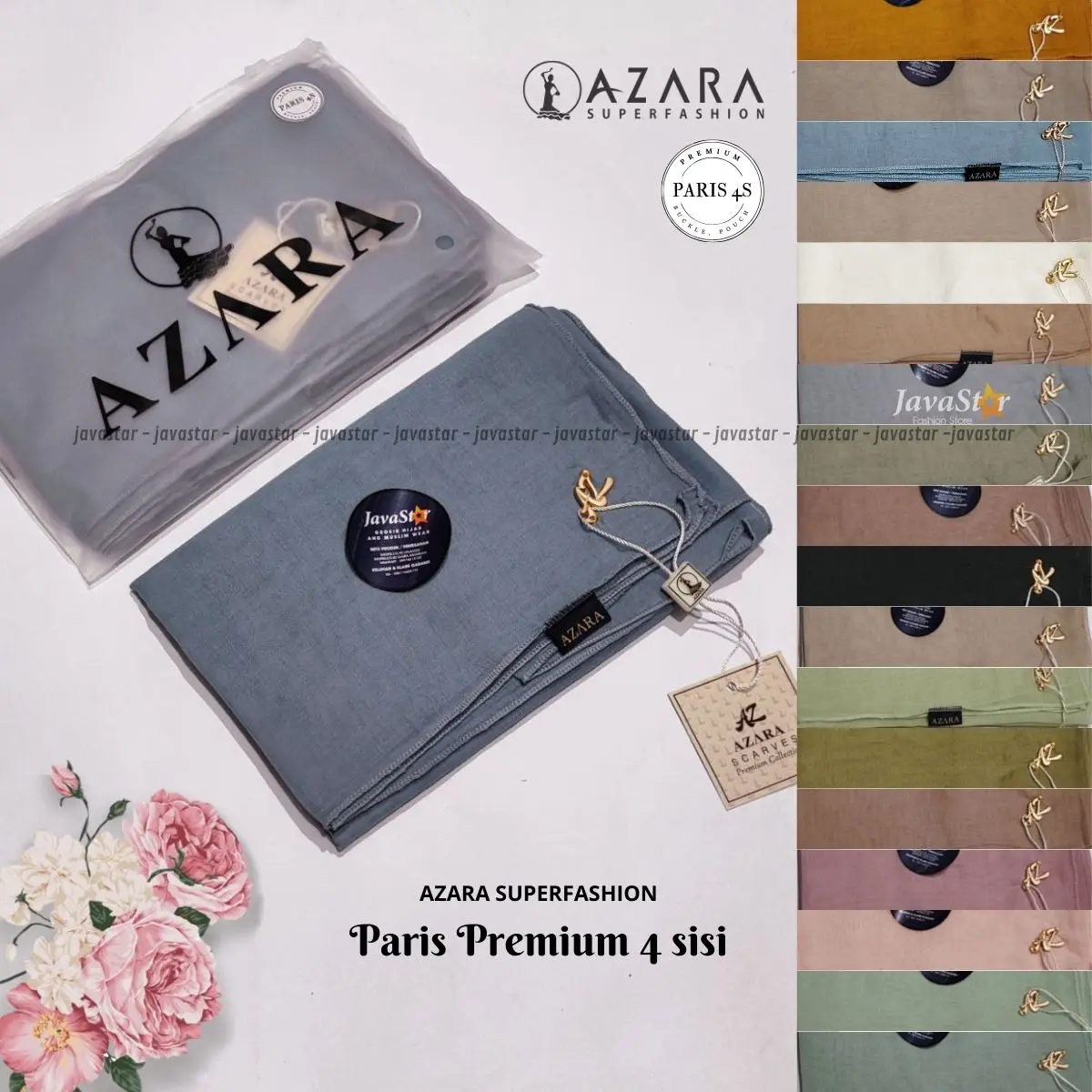 Jilbab Azara Paris Premium 4 sisi Pouch logo metal Scarves premium buckle scarves kerudung seragam segi  empat