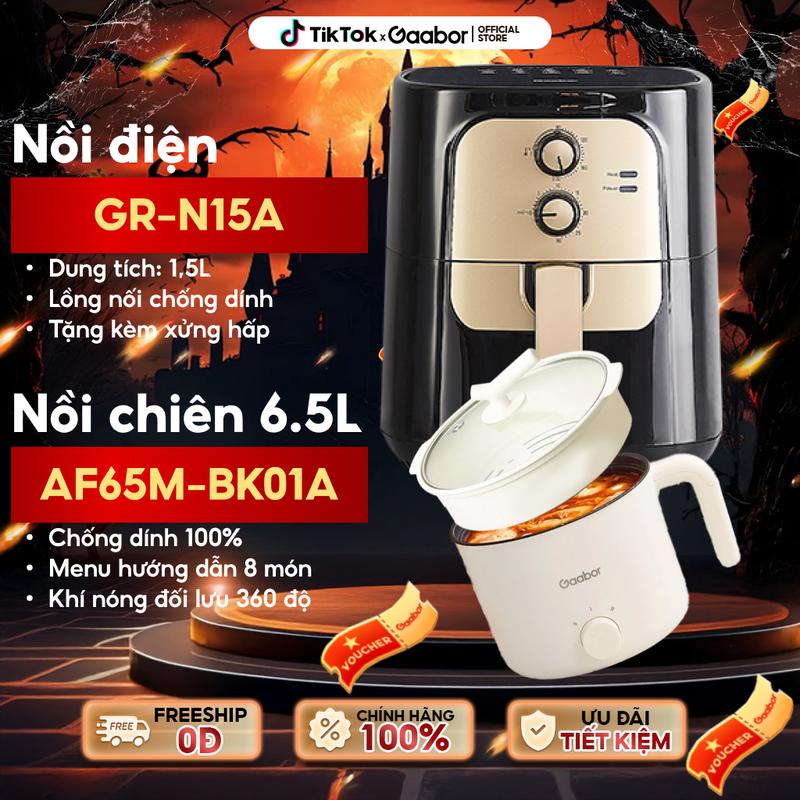 Combo Tiết kiệm | Nồi diện đa năng GR-N15A dung tích 1.5 lít lòng nồi 1.3 lít 600W & Nồi chiên không dầu Gaabor AF65M-BK01A dung tích 6.5 lít dùng cho gà, vịt nguyên con dưới 1600g công suất 1400w lòng nồi chống dính điều khiển cơ học Nấu ăn