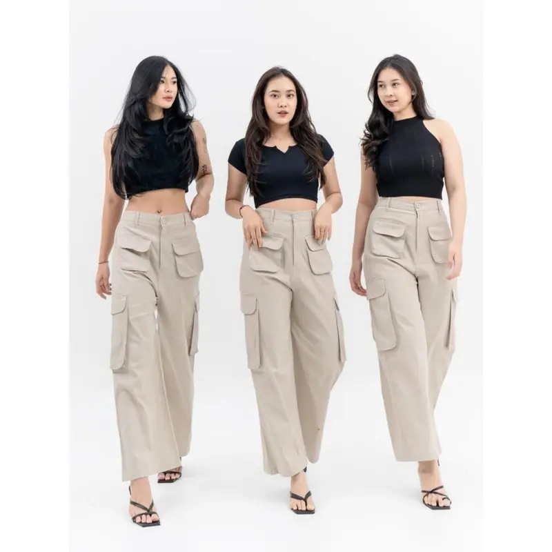 Kulot Cargo Pants Wanita Kantong Depan Karet Celana Kancing 3