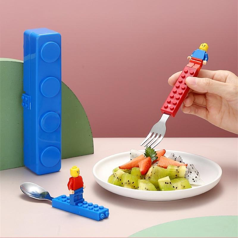 Cartoon Creative Portable Tableware Baby Stainless Steel Tableware Fun Children Assembled Building Blocks Fork Spoon Set Portable Tableware 1