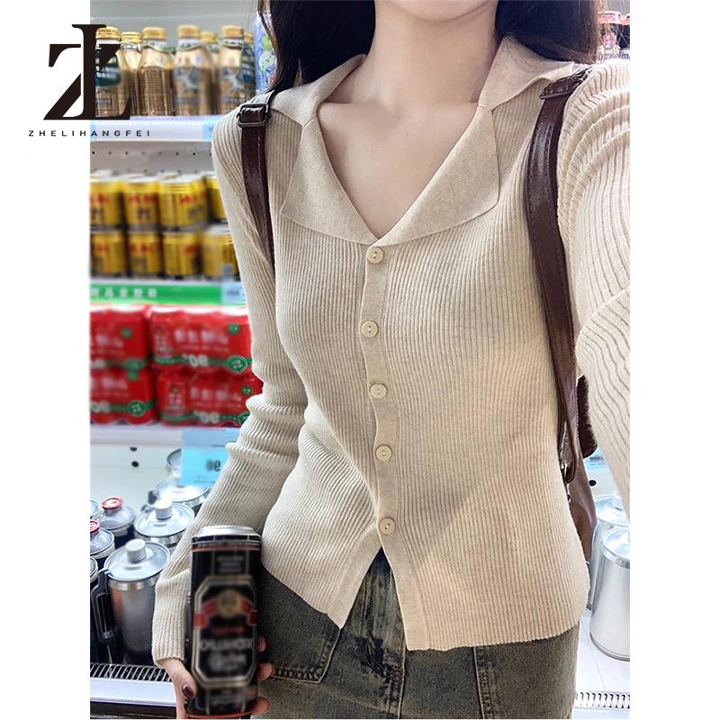 polo Ve Áo Dệt Kim Hàng Đầu Nữ Thiết Kế Niche Nút Cardigan Dài Tay Đáy Áo Sơ Mi Áo Len