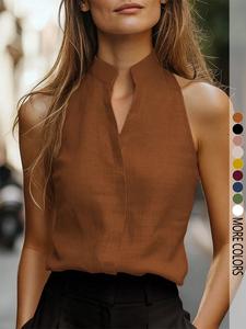 Camiseta sin mangas para mujer con cuello mandarín, versátil y estiliza para el trabajo o los desplazamientos.