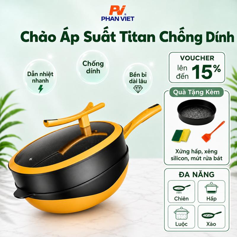 Chảo Áp Suất Hợp Kim Titan Đường Kính 32cm – Lòng Sâu Chống Dính, Bền Đẹp, Dùng Mọi Loại Bếp