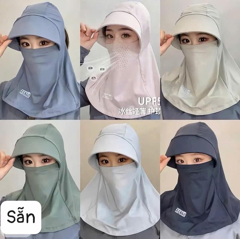 Mũ Chống Nắng Trùm Đầu Kèm Khẩu Trang Lụa Băng Lạnh Che Cổ Có Lỗ Thoáng Khí - mũ choàng chống nắng