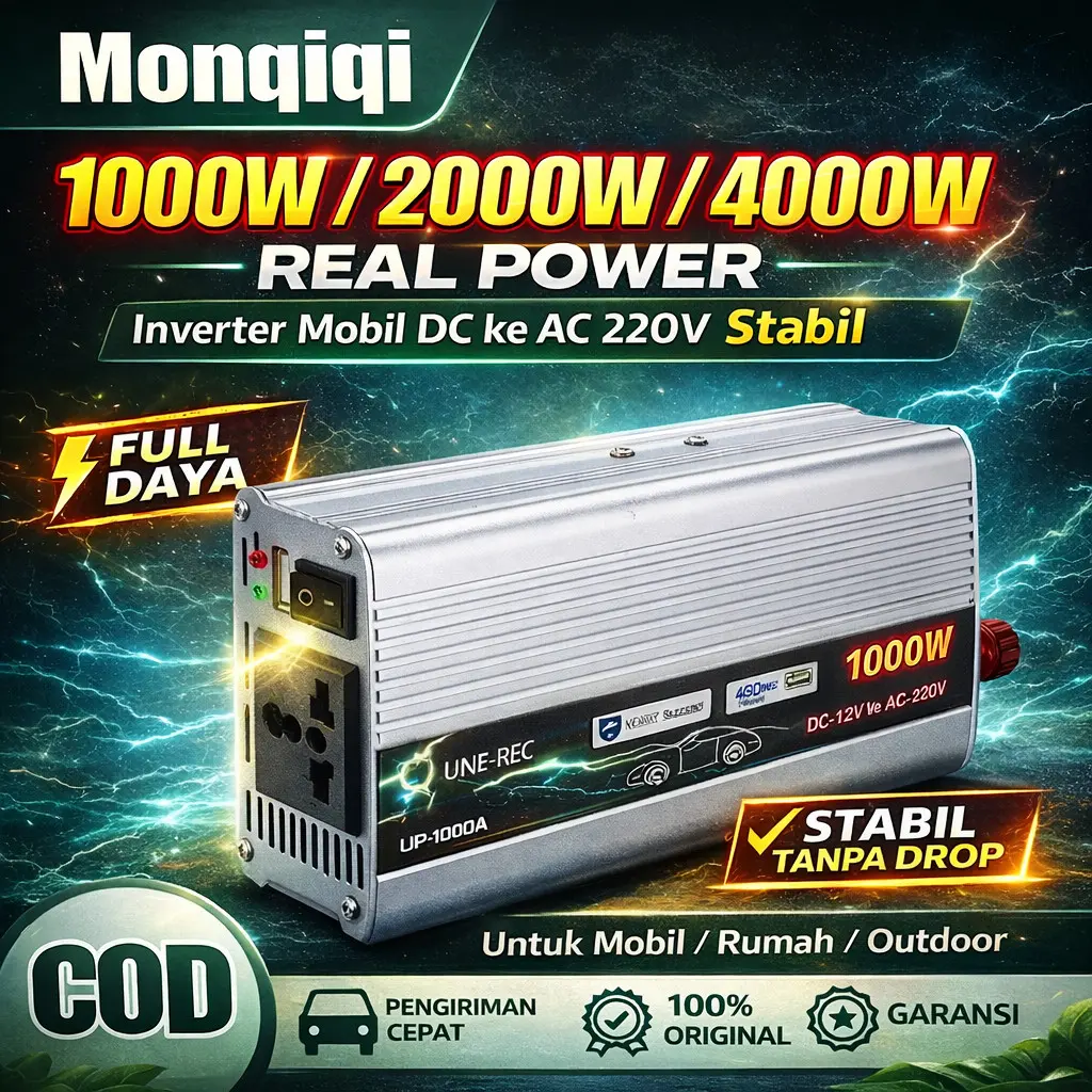 Inverter 220W/500W/1000W/2000W 12V DC ke 220V AC - Proteksi Lengkap (Overload/Panas/Short Circuit) Portabel untuk Aki Mobil Rumah & Sistem Solar
