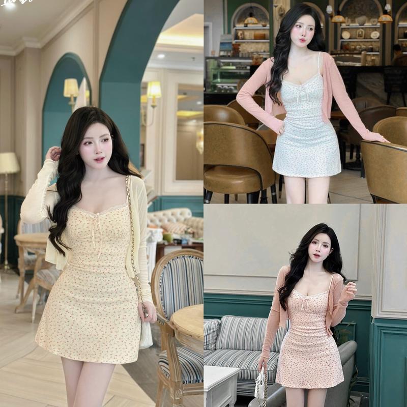 SÉT VÁY HOA NHÍ 2 DÂY VIỀN REN MiX ÁO KHOÁC THUN GIẤY cho phong cách thời trang new