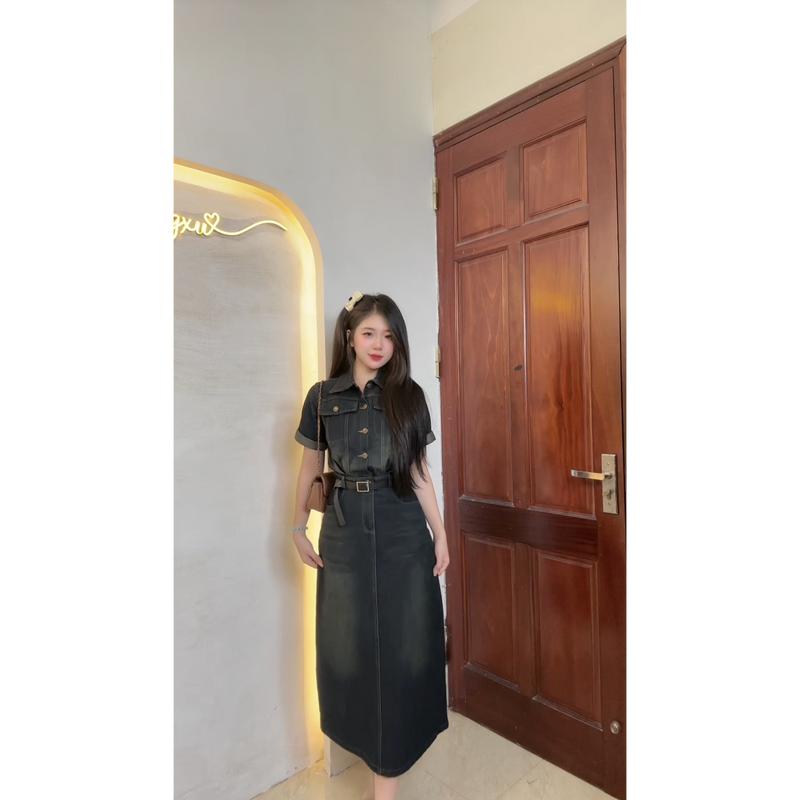  Váy jean cổ sơ mi cài khuy tay cộc DONGXU V89  xem màu chuẩn trên live  