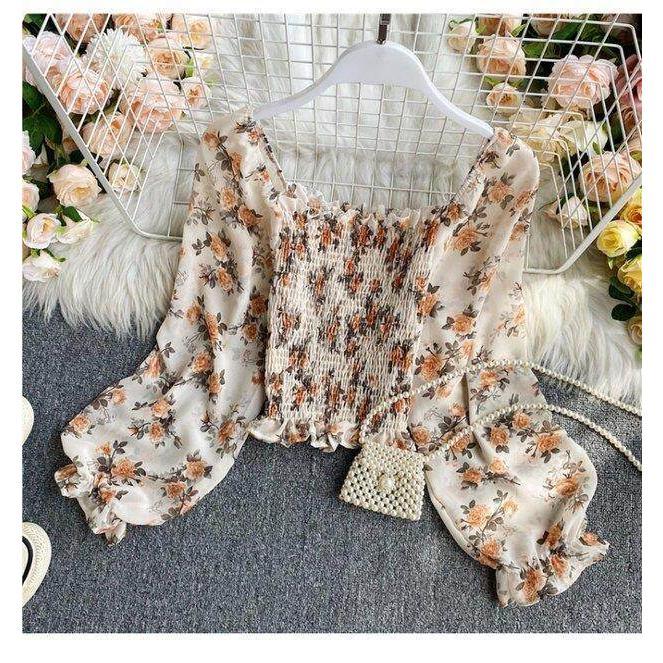 Product Introduction of Retro Floral Crop Top for Women Long Sleeve High-waisted Short Blouse Off-shoulder Shirt 9