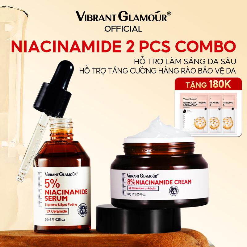 Bộ combo Serum 5% Niacinamide và Kem dưỡng 8% Niacinamide VIBRANT GLAMOR Hỗ Trợ Nâng Tông Da dung tích serum 30ml  , dung tích kem dưỡng 30g Skincare Arbutin