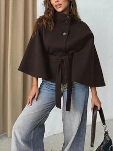 Abrigo de capa de lana lisa con frente con hebilla y cinturón para mujer, ropa de abrigo casual de otoño e invierno, elegante para uso diario y citas