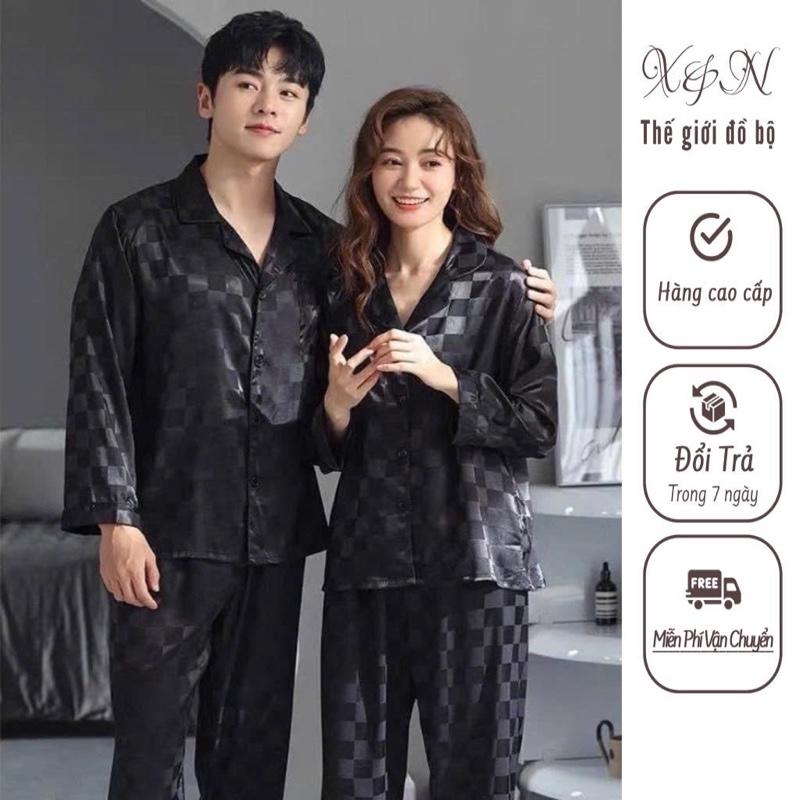 Bộ Ngủ Pijama Nam Nữ Dài Tay  Lụa gấm lụa sước cao cấp mềm mịn và mượt Trắng
