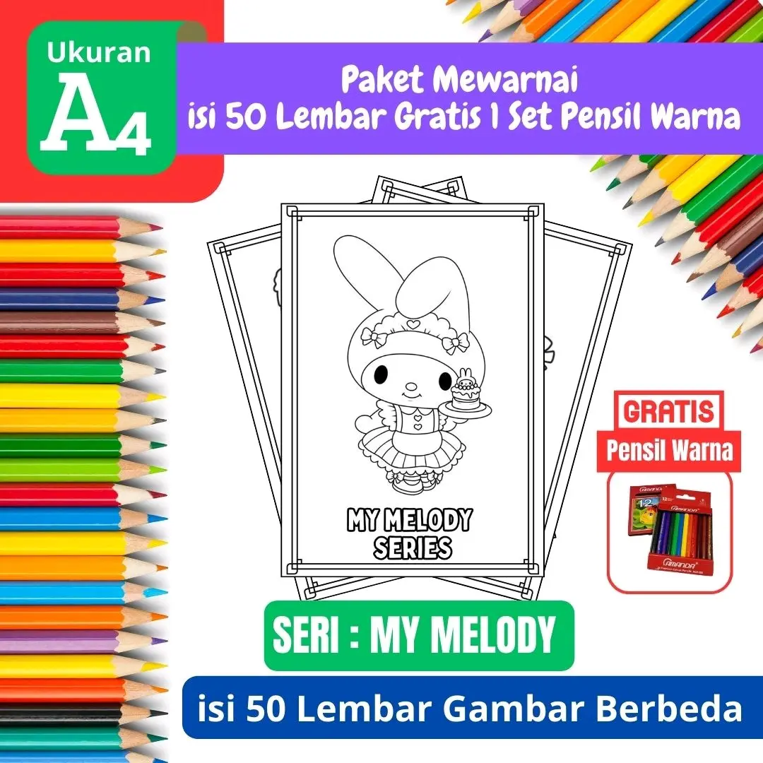 [ EDISI My Melody -A4 ] Promo Termurah Paket Mewarnai Gambar isi 50 lembar Gratis 1 Set Pensil Warna - A4 Tebal