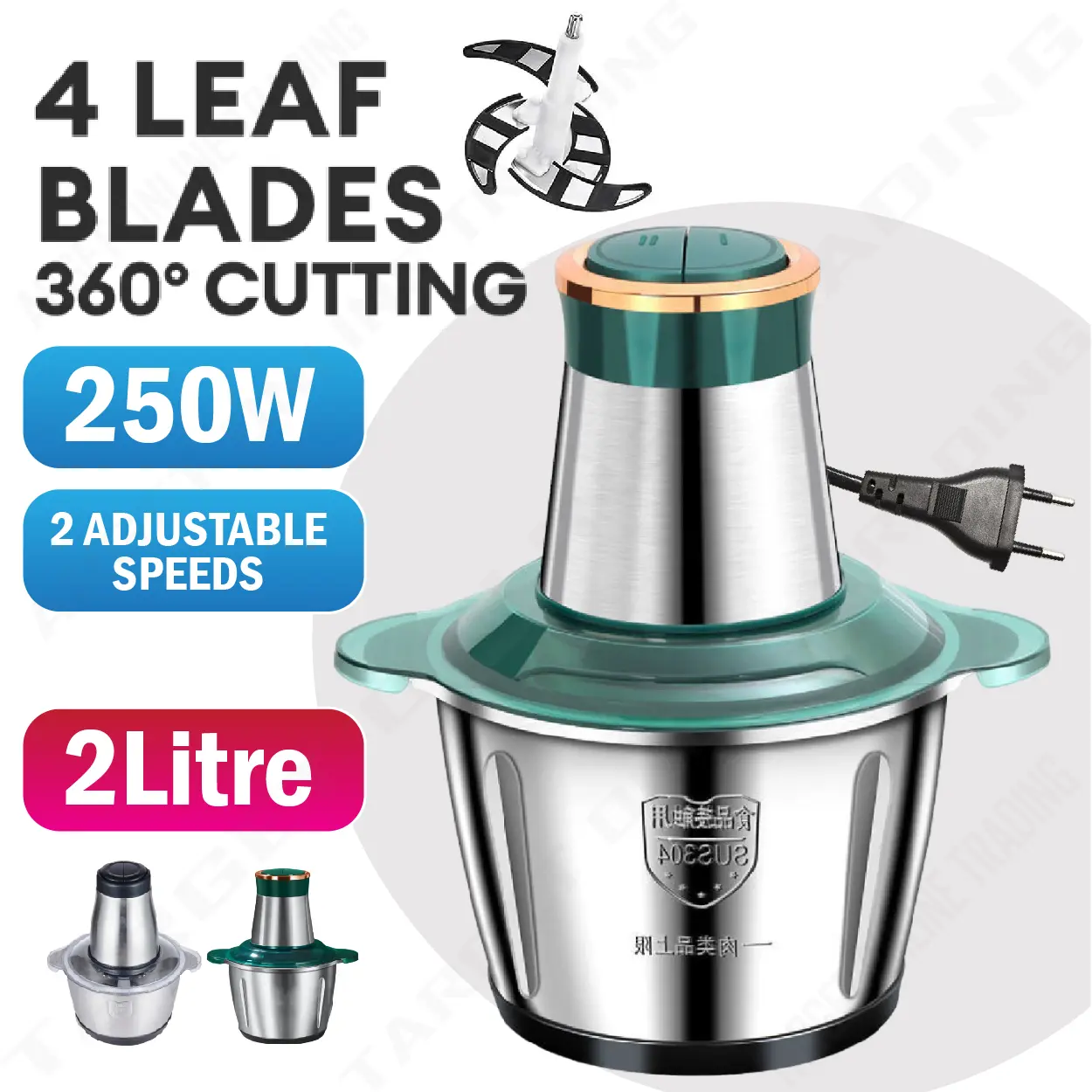 2L Stainless Steel Bowl Meat Grinder Electric Chopper Meat Slicer Household Machine Food Processor / Pengisar Daging