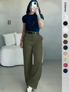 Pantalones de mujer de cintura alta y pierna ancha, color sólido, efecto adelgazante y que realzan la estatura, adecuados para oficina, vacaciones, hogar y uso diario, para todas las estaciones