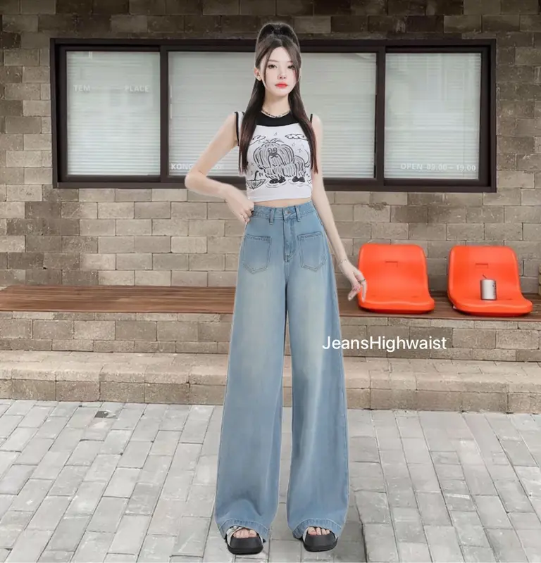 JEANSHIGHWAIST- Celana kulot jeans highwaist retro wanita dua waist kantong depan jins Panjang Cewek dua Denim A-line pants skena premium import baggy outfits fading gombrong straight remaja xl biru vintage lulu chic wide leg ootd cute Casual yoyo Loose 3