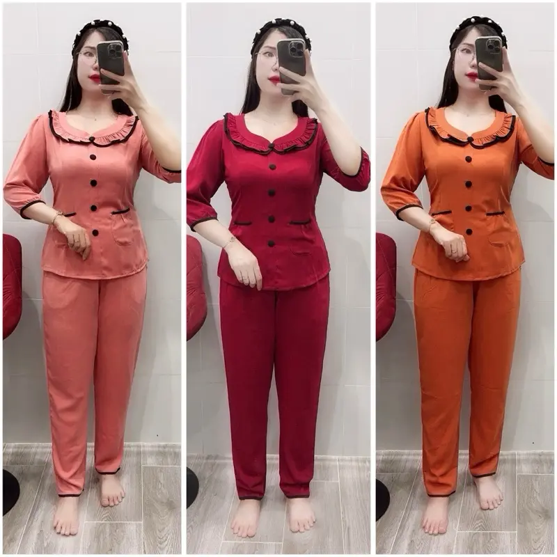 Đồ Bộ Nữ Áo Tay Lỡ Quần Dài, Vải Đũi Lạnh Mặc Mát, có Co Giãn, Nhiều Mầu Sắc Thanh Lịch Thích Hợp Cho Mọi Lứa Tuổi( Women) 3