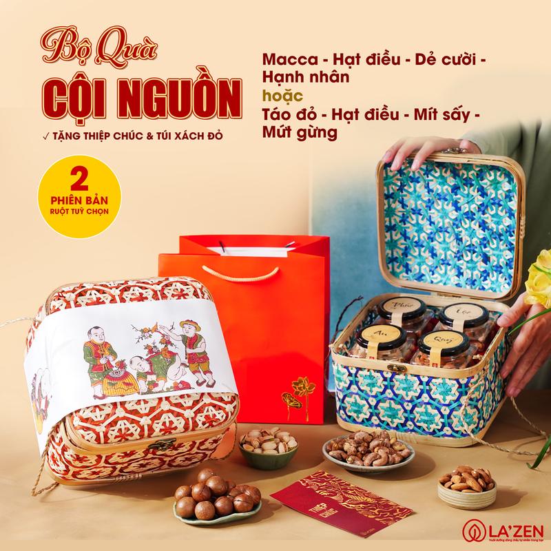  Giỏ quà Tết Cội Nguồn mây tre đan hạt dinh dưỡng và quả sấy sang trọng cao cấp La'zen 