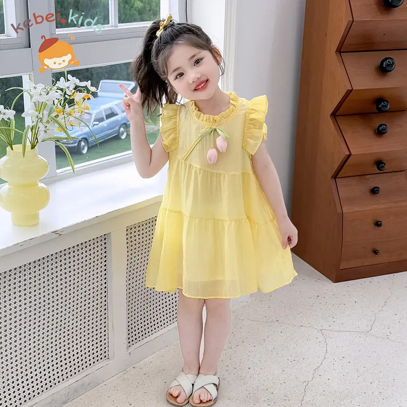 Kebei--Pakaian Idul Fitri Anak Perempuan Model Baru 2026 Gaun Bunga Tulip Biru Musim Panas Gadis Kecil Fashion Dress Ukuran 80-110