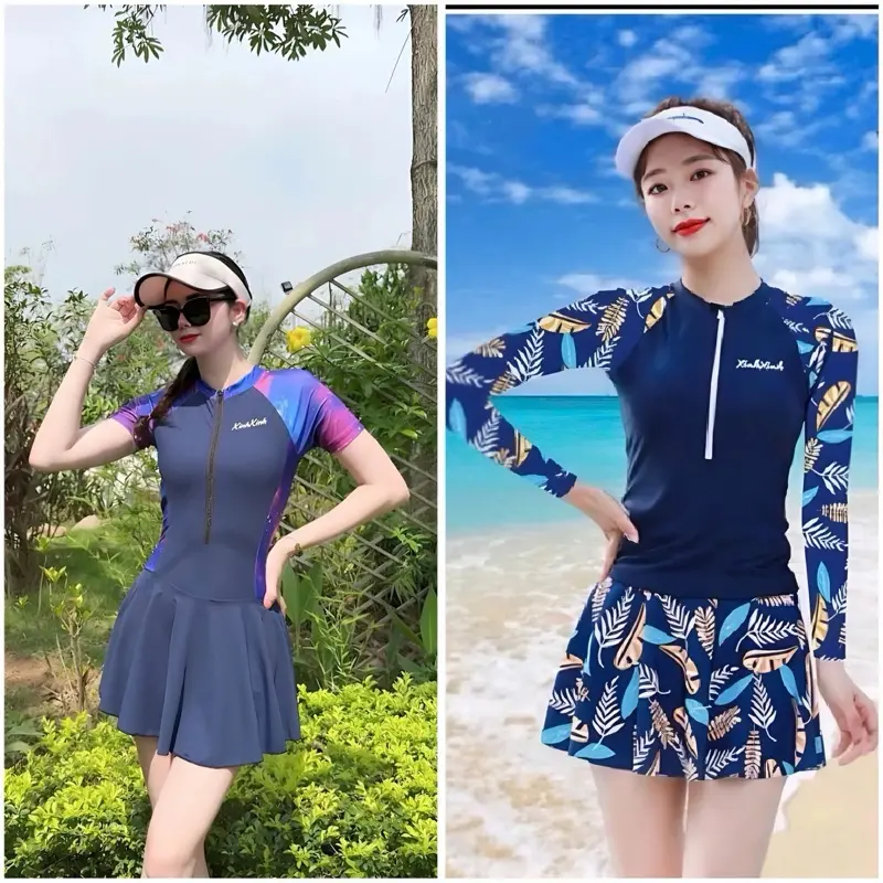 ￼[M,L, XL] Bikini đồ bơi nữ xinh xinh đi biển dáng váy duyên dáng quân short trong váy xanh than phối hoạ tiết BIKINI 360
