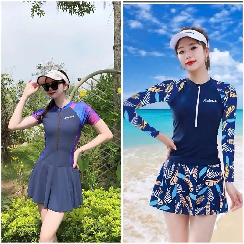 ￼[M,L, XL] Bikini đồ bơi nữ xinh xinh đi biển dáng váy duyên dáng quân short trong váy xanh than phối hoạ tiết BIKINI 360