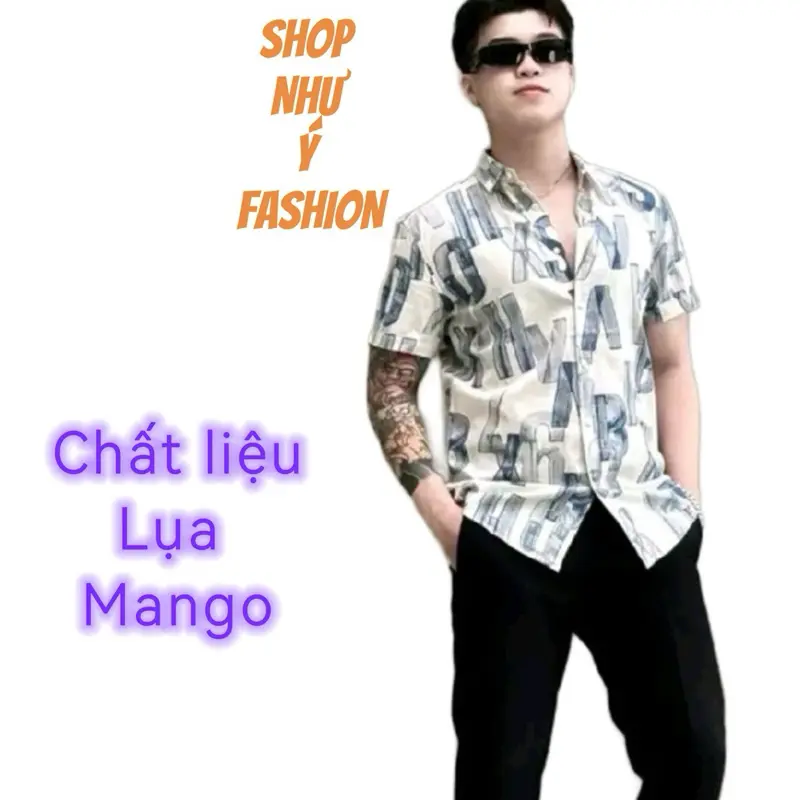 Áo sơ mi nam Mango hoạ tiết chữ loang in lụa, dày dặn đứng pham, ngắn tay - Menswear