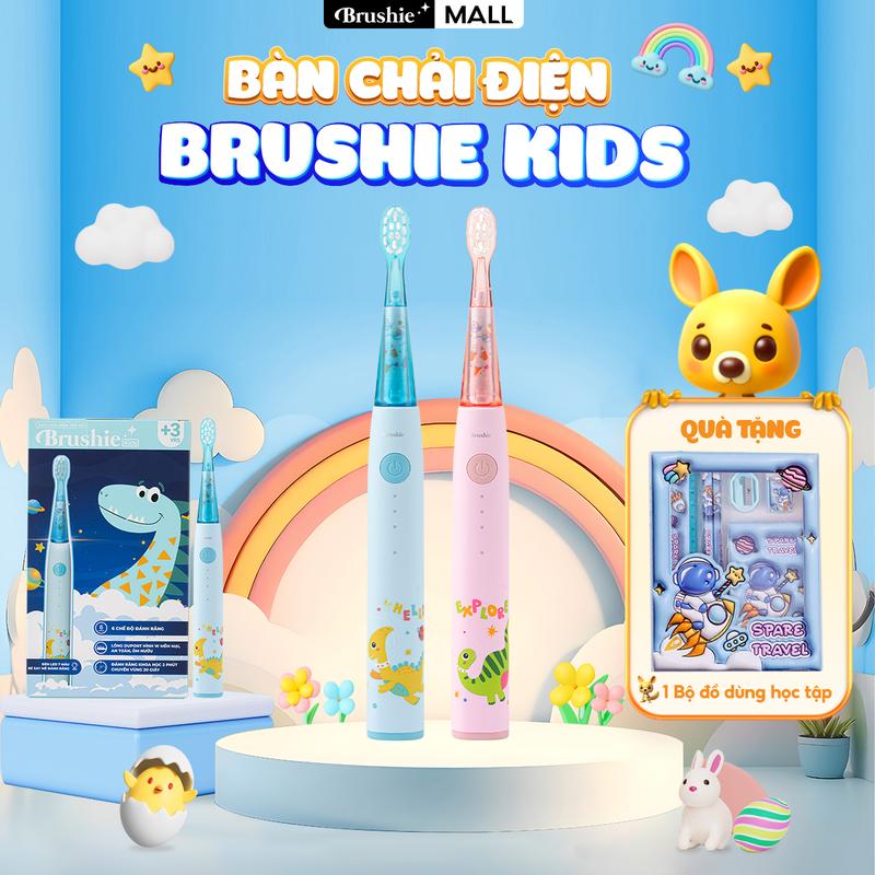 [PHIÊN BẢN NÂNG CẤP] Bàn chải điện trẻ em Brushie Kids đầu lông bàn chải mềm mại an toàn cho bé - TẶNG bộ dụng cụ học tập