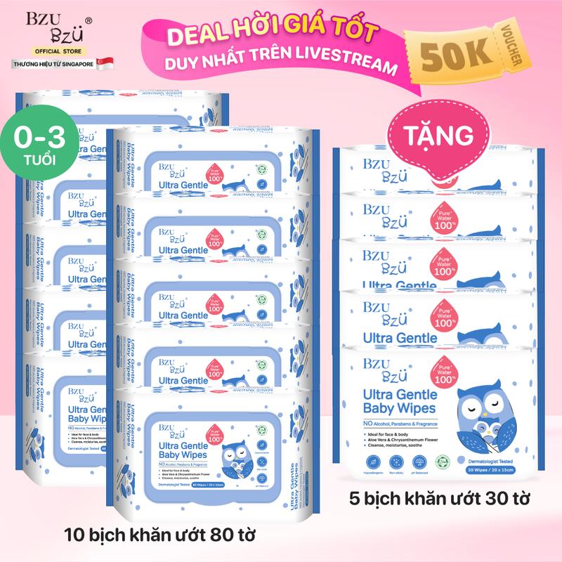 Khăn Ướt Không cồn Không parabens cho Mẹ và Bé BZU BZU Ultra Gentle Baby Wipes 80 tờ