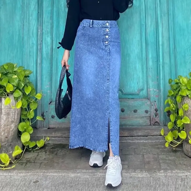 ￼Rok jeans higwaist belah samping korean style rok A-line Wanita Panjang Kancing Karet 0