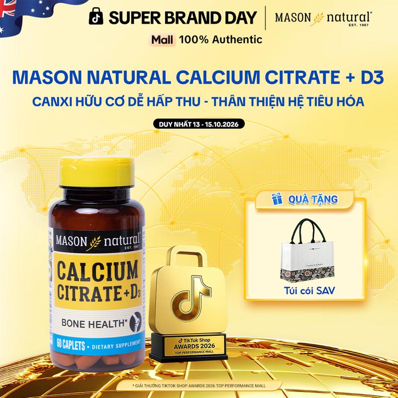[TẶNG TÚI CÓI SAV] Canxi hữu cơ Mason Natural Calcium Citrate + D3 - Hỗ Trợ Bổ Sung Canxi Citrate dễ hấp thu - thân thiện với hệ tiêu hóa
