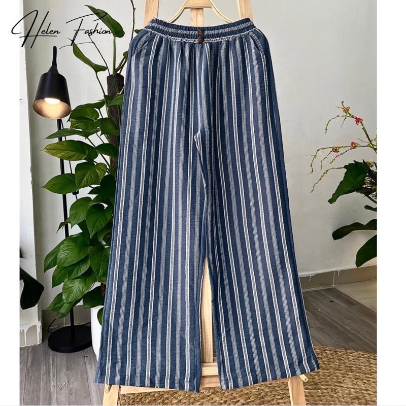 QUẦN LINEN FORM SUÔNG NỮ THIẾT KẾ 2 NÚT MÀU SỌC LƯNG THUN CO GIÃN MẶC HÀNG NGÀY - VẢI LINEN XỐP GÂN