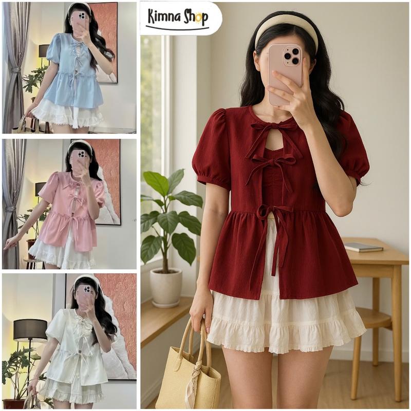  Áo Baby Doll Cổ Tròn Tay Bồng 2 Lớp Thắt 3 Nơ Kèm Áo Trong 