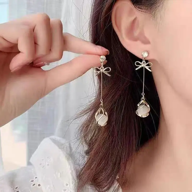 Hoa Tai Phần Dài Thanh Lịch, Thiết Kế Cao Cấp, Kim Bạc 925, Dành Cho Nữ, Cá Tính, Với Đá Mắt Mèo Và Nơ, Phong Cách Ngọt Ngào