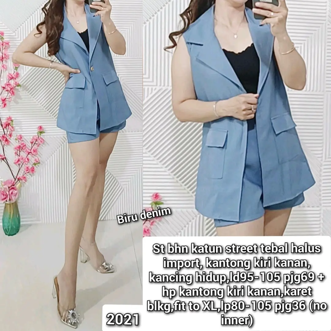 2021 / 2908 - Stelan Canse Blezer bhn katun street tebal halus import, LD 95-105, pjg 69 + Hotpant fit to XL (LP 80-105) pjg 36 ( NO INNER )