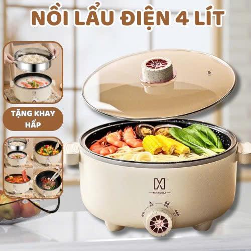 Nồi Lẩu Điện 4 Lít, Nồi Nấu Đa Năng Lẩu Mini, Mì Tôm, Chiên Xào Luộc Nắp Kính Size 28CM - Mẫu 2026 PRO