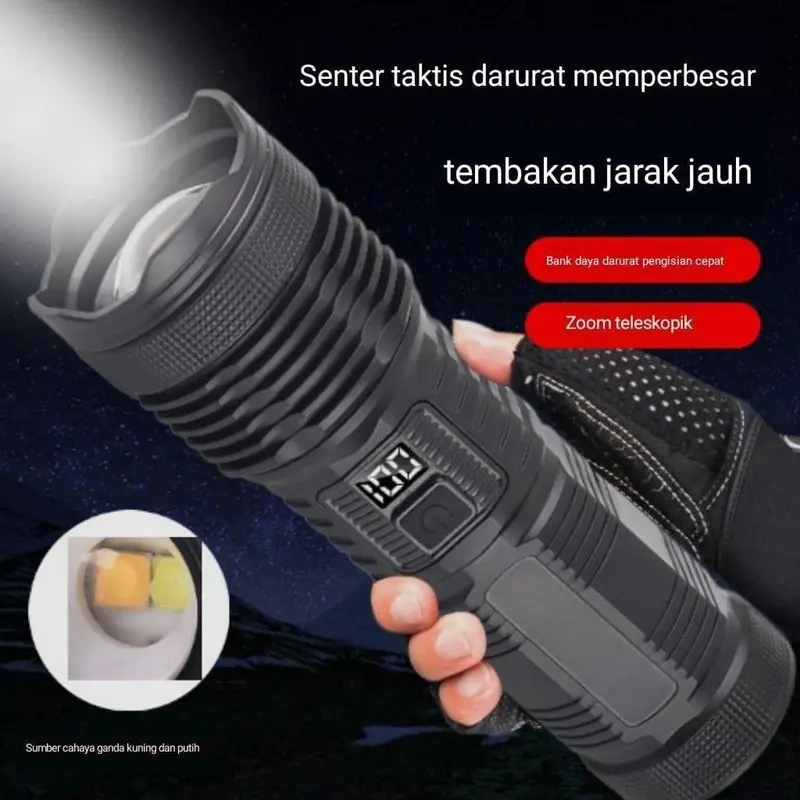 SENTER LED 2 CAHAYA 2458 - BISA DI ZOOM - CAHAYA TERANG - JARAK JAUH - INDIKATOR DIGITAL - BISA JADI POWERBANK - TYPE-C 0