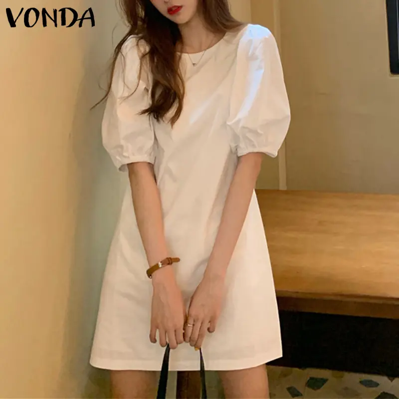 VONDA Womens Casual Puff Sleeve Short Dress A Line Solid Shirt Dresses(Korean  Causal) - TikTok Shop Philippines