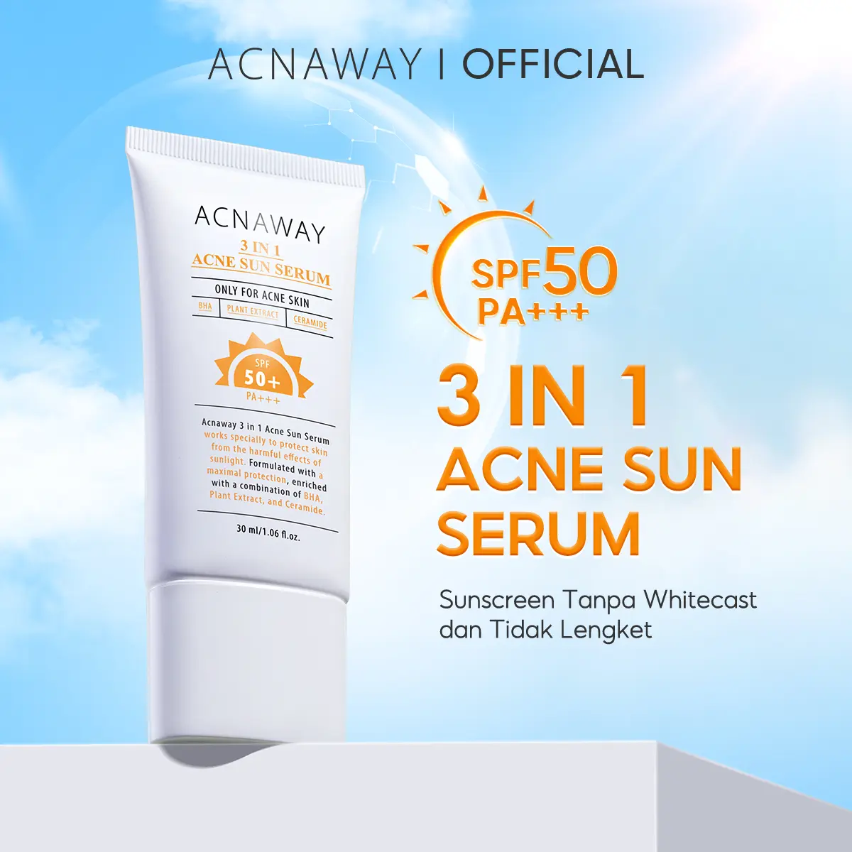 ACNAWAY 3 in 1 Acne Sun Serum SPF 50+ PA+++ 30ml – Sunscreen Wajah Berjerawat & Sensitif | Facial Protection Mencerahkan & Melindungi Kulit Muka with BHA + BSASM + Ceramide