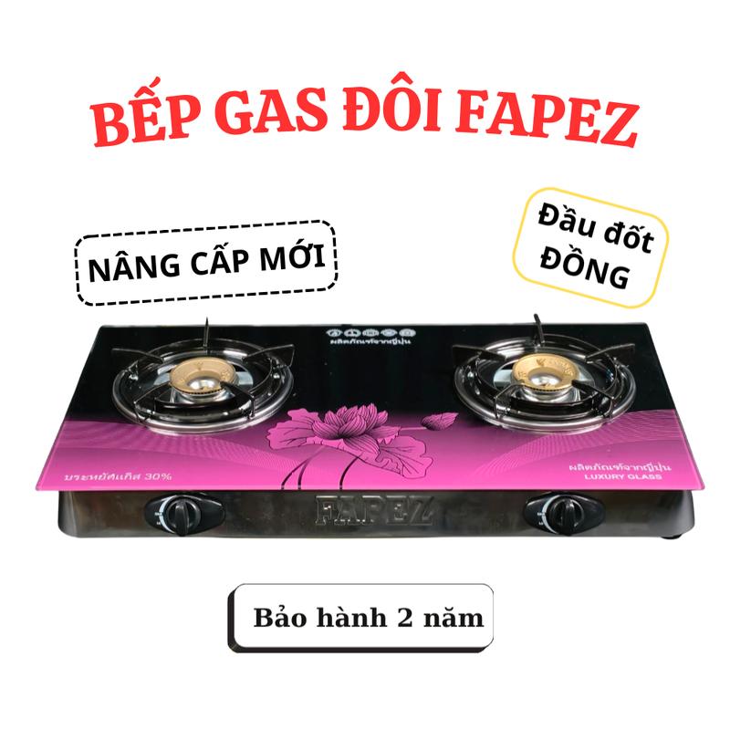  Bếp gas đôi FAPEZ Kính Tím CHÉN ĐỒNG kiềng chắn gió khung INOX- Bảo hành 2 năm 