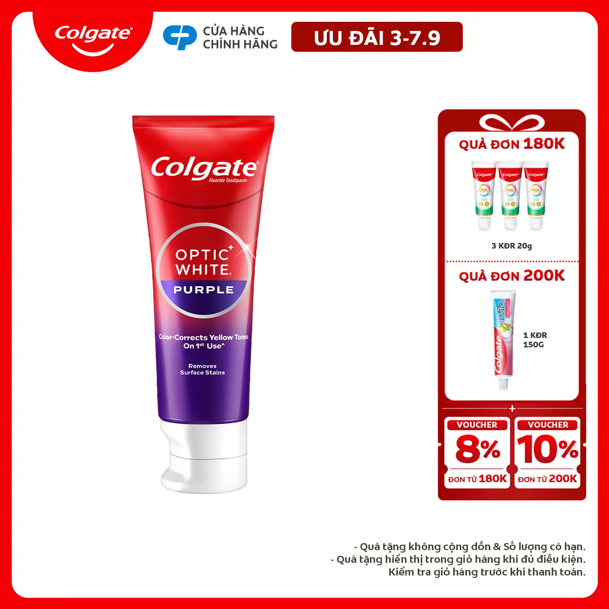 [Ưu đãi 3-7.9] Kem Đánh Răng Colgate trắng răng Optic White Purple 100g - công nghệ sắc tím, trung hòa sắc vàng cho răng trắng sáng, an toàn cho men răng