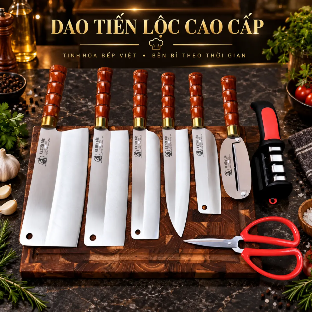 [Mua 4 Tặng 4] Bộ Dao Thép Trắng Kháng Rỉ Cao cấp Cán Đốt Trúc Thủ Công Truyền Thống