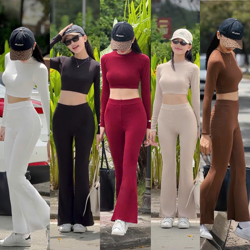 [VẢI XỊN] Set Bộ Quần Dài Ống Loe Kèm Áo Croptop Tay Dài Chất Thun Gân Chính Phẩm Thích Hợp Mặc Đi Tiệc Đi Làm Đi Chơi KVY S5