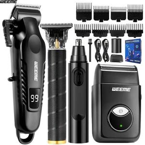 WEEME メンズ電動ヘアクリッパーセット - 電動ヘアクリッパーキット - ヒゲトリマーセット - USB充電 - T字型ブレードトリマー - ヒゲシェーバー - 鼻毛トリマー - お父さん、夫、彼氏へのギフトに最適、レイヤーカットに対応