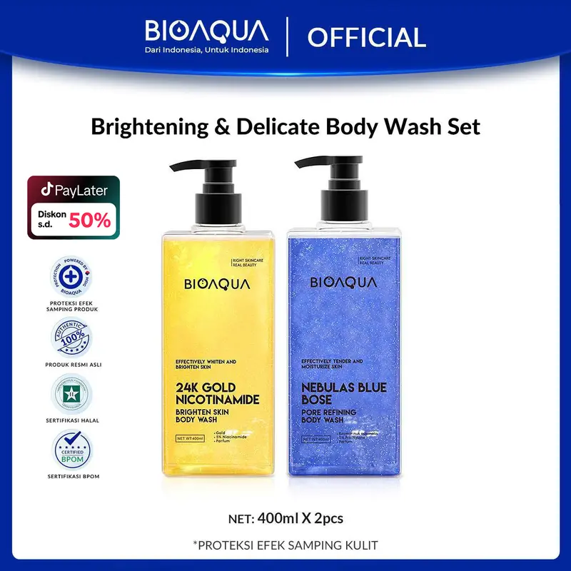 【BPOM】BIOAQUA Body Wash 2pcs Set Grass Green AHA FRUIT ACID Body Wash / 24K GOLD NICOTINAMIDE Glowing Bath Cream Soap / GALAXY PINK HEXAPEPTIDE Shower Gel / Nebulas Blue Bose Pores Refining Cleaning Liquid 0