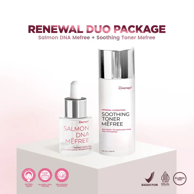 Renewal Duo Package - Salmon DNA Mefree +  Soothing Toner Mefree (Anti Aging Serum + Toner) - Mengangkat Sisa Kotoran di Wajah Pelembab Meminimalkan Pori-pori Mengencangkan Kulit Wajah Kering dan Berjerawat Memudarkan Kerutan Halus di Wajah 0