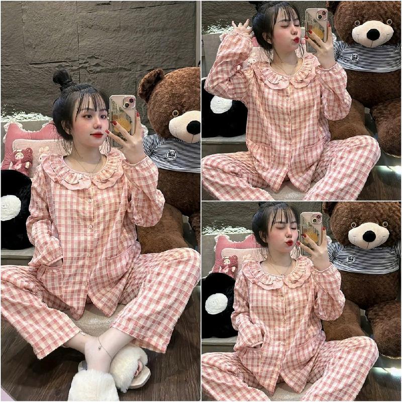 Đồ Bộ Nữ Cổ Viền Bèo Vải Đũi Kẽ Karo Mềm Mịn Tay Dài 40-60kg Women Voi Kem Áo Tim Top Nhung