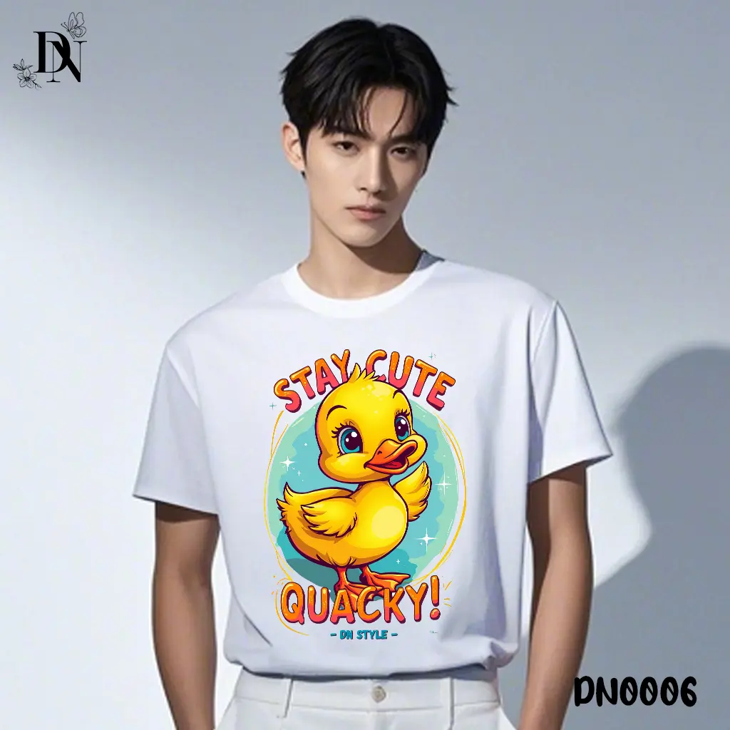 DNTK0006 T-Shirt Gaya Pria Wanita - Yellow Duck Stay Cute Quacky - Black White Combed Katun