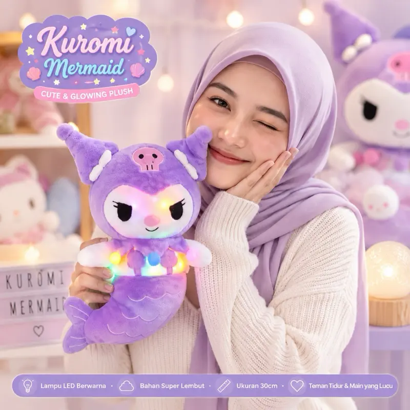 Boneka Kuromi Duyung 30 CM Series Mermaid Duyung Dengan Lampu LED Bahan Velboa Lembut Dan Halus Cocok Untuk Anak Perempuan