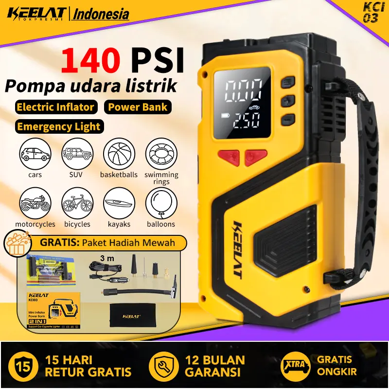 KEELAT 3-in-1 Jump Starter Pompa Angin Ban Mobil Elektrik Mini Car Air Infatable Pump Portable KCES01