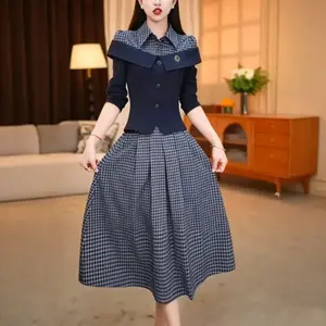 FADFAD Gaun Pakaian Wanita Motif Kotak Gaya Retro Korea Baru