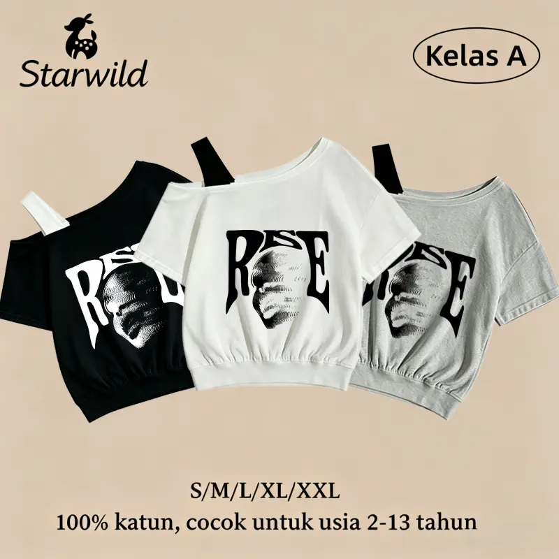 Starwild Kaos Anak Perempuan Gaya Korea Croptop Bahu Miring Tulisan RISE Dengan Sketsa Wajah Bergaris Bahan Katun Murni Lembut, Ringan dan Bernapas 2026/540/17